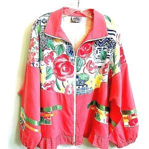 Vintage 1980s Women Out Wear Jacket 2X - 3X Full Zip Coral Floral Ribbon Ruffle